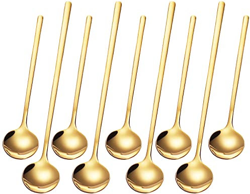 PBIEHSR 9 PCS Coffee Spoons Espresso Teaspoon, Stainless Steel Tea Spoon Two Different Lengths Dessert Spoons for Stirring Drink Mixing Milkshake (Gold)