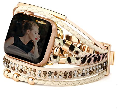 CHARMINGO Bracciale in pelle bohémien compatibile con cinturini Apple Watch per donne e uomini, 42 mm, 44 mm, 45 mm, 49 mm, multistrato avvolgente ed elegante, cinturino per Apple Watch serie 9, 8, 7,