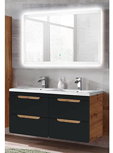 Lomadox Badmöbel Set, anthrazit mit Wotan Eiche Nb., 120 cm Waschtischunterschrank mit Doppel Keramik-Waschbecken, 120 cm LED-Spiegel