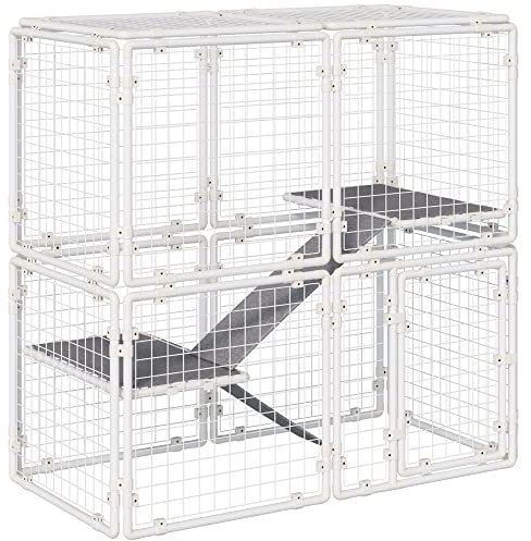 Pawhut Conejera Valla de Metal Corralito con Puerta Pestillo de 16 Paneles y Escalera para Gatos Cachorros Conejos DIY 68x68x2,5 cm Blanco