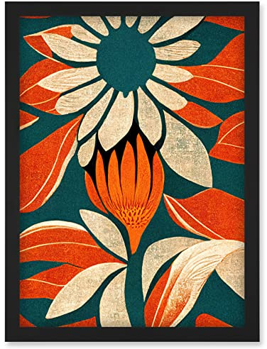 Doppelganger33 LTD Flower Design Teal Orange Abstract Linocut Artwork Framed Wall Art Print A4