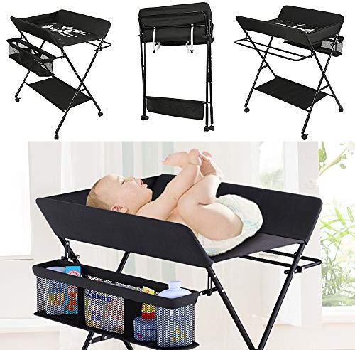 Mueble Cambiador Bebe Plegable y Portátil, Cambiador con 4 Ruedas,Patrón de Jirafa-80 x 66 x 92/95/98 cm (Negro)