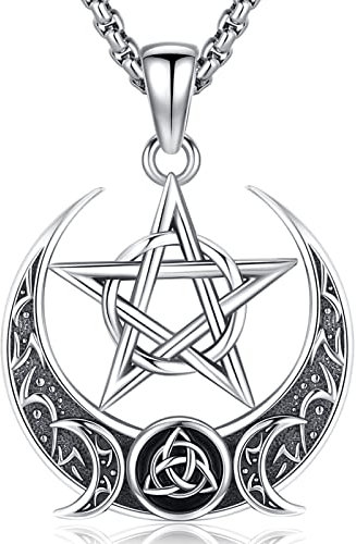 Eusense Pentagramm Kette Dreifache Mondgöttin Halskette 925 Silber Hecate Anhänger Geschenke Spirituell Amulett Wiccan Pagan Zauberei Talisman Schmuck Geschenk Muttertag Vatertag