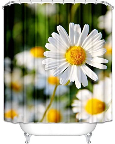 EHOMERY Duschvorhang U Form Ohne Bohren Badezimmer Vorhang Blickdicht Gänseblümchen Weiße Blume Duschvorhangbefestigungen Duschrollo Nach Maß Polyester 12 Hakenringe, 120X180Cm