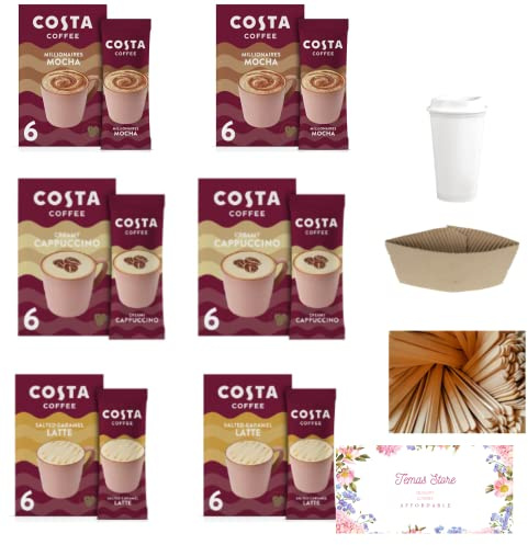 Temas Costa Coffee Instant Coffee Sachets Bundled With Reusable Coffee Cup, Sleeves & Coffee Stirrers | 3 Flavours - Creamy Cappuccino, Salted Caramel Latte, Millionaire Mocha (Mixed Variety Flavour)