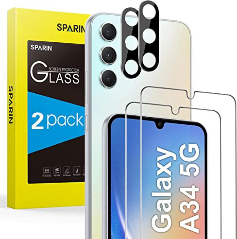 SPARIN Schutzfolie für Samsung Galaxy A34 5G, 2 Panzer Schutz Glas und 2 Kameraschutz, 9H Härte, Displayschutzfolie