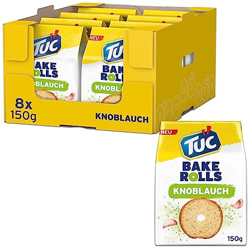 TUC Bake Rolls Knoblauch, Brotchips, 150 g (8er-Pack) | Knusprige Brotchips mit Knoblauchgeschmack, perfekt zum Snacken, für Partys & Dippen, glutenfrei und köstlich knusprig