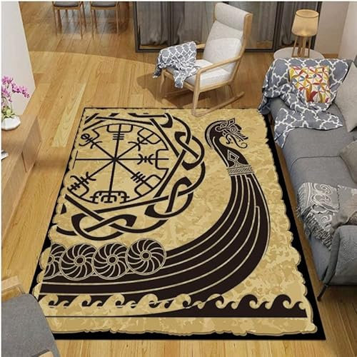 Teppich Kurzflor Wikinger Pirat Boot Skelett Waffen Muster Flanell Flauschig Weich rutschfest Teppiche Wohnzimmer Kinderzimmer Deko Schlafzimmer Flur Läufer Indoor Carpet Spielteppich 180x240 cm