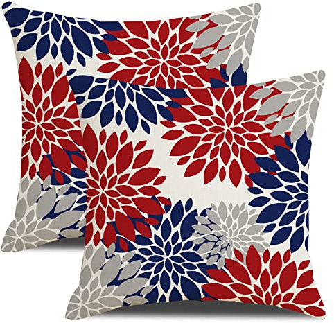 4. Juli Dekorationen Kissenbezüge 45.7x45.7 cm Blau und Rot Dahlie Blumen Wurfkissenbezug 45.7x45.7 cm 2 Stück patriotische Gedenktage Bauernhaus Leinen Kissenbezüge für Outdoor Couch Bett Sofa Dekor