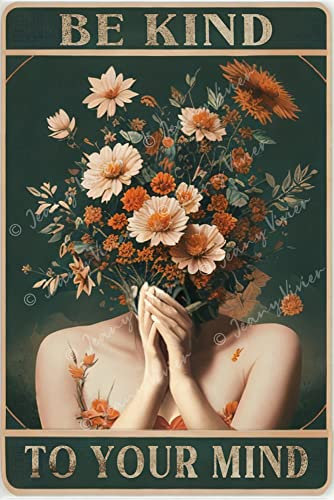 DAIERCY Be Kind To Your Mind Schild Metall-Blechschilder, motivierende Wanddekoration, Vintage-Hippie-Frauen-Kunstposter, inspirierendes Zitat für Schlafzimmer, Wohnzimmer, 30,5 x 40,6 cm