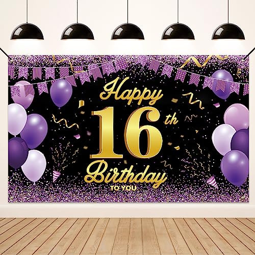 Koliphy 16. Geburtstag Deko, 16. Happy Birthday Banner für Jungen Mädchen, Schwarz Lila Stoff 16 Geburtstagsbanner Hintergrund Party Dekoration Drinnen und Draußen