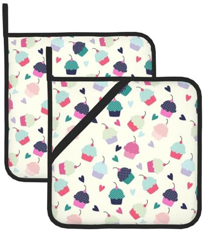 Topflappen mit Cupcake-Herzen, 2 Stück, hitzebeständig, quadratisch, für Küche, Kochen, Mikrowelle, Backofen und Grill