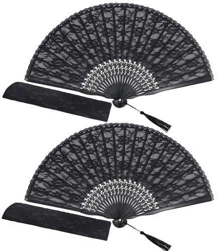 choyaxo 2pcs Black Lace Folding Fan Handheld Bamboo Hand Fan for Women Wedding Decoration Dancing Party