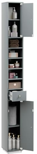 GOPLUS Badezimmerschrank schmal, Hochschrank mit Schublade, Türen & Ablagen, Badschrank Aufbewahrungsschrank für Badzimmer, Wohnzimmer & Küche, 20 x 20 x 180 cm (Grau)