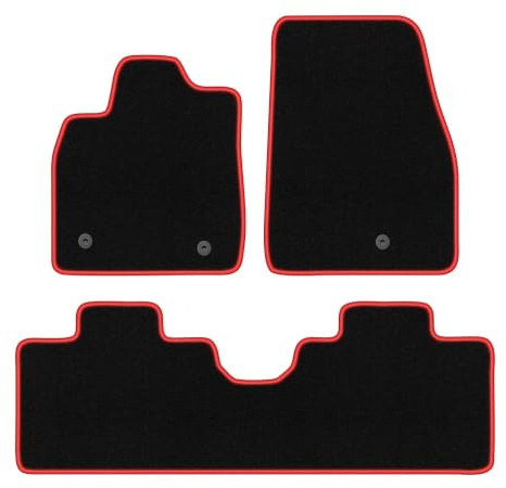 Velours-Fußmatten passend für Ford Mustang Mach-e 2020-, Schwarz-Rot | Velours-Teppich (Polypropylen), ca. 6,5 mm; rutschfest, runde Befestigungen (Typ FC)