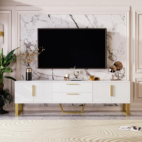 Moimhear Hochglänzender TV-Schrank: Boden, goldene Griffe und Füße, Tür mit gravierter Textur, Aufbewahrungslösung für das Wohnzimmer, Kombination aus Luxus und Funktionalität (Weiß)