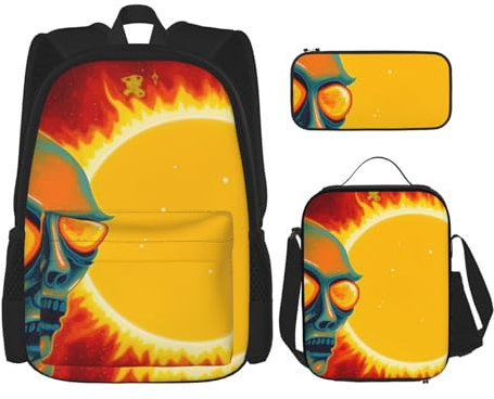 OUSIKA 3 Pcs Sun Print Backpack Sets Casual Daypack with Lunch Box Pencil Case for Women Men, Black, Black, One Size