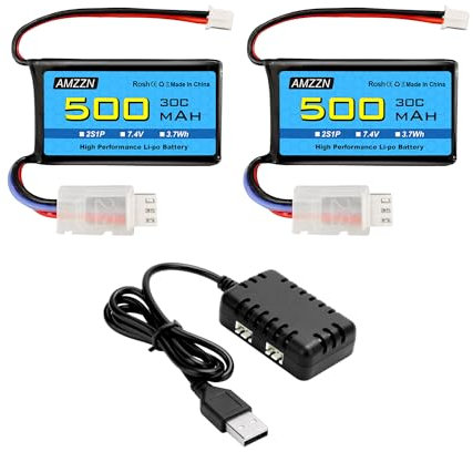 AMZZN 2PCS 7.4V 500mAh 30C PH2.0 Plug Lipo Battery With 2-in-1 Charger for AX24 SCX24 RC Car, Compatible with Most 1/10, 1/16, 1/18, 1/24 Proportional RC Trucks, Drones