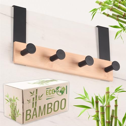 RICOO Türhaken zum Einhängen MH029N-4 Türgarderobe 4 Haken aus Stahl 1 Stück Kleiderhaken Tür ohne Bohren 32x13x6,6 cm Bambusleiste natur & schwarz