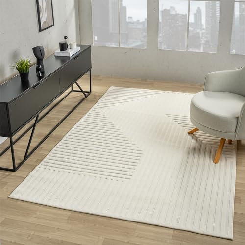 VIMODA Moderner Kurzflor Teppich Wohnzimmer Schlafzimmer Skandinavisch in Creme, Farbe:Zickzack, Maße:160x230 cm