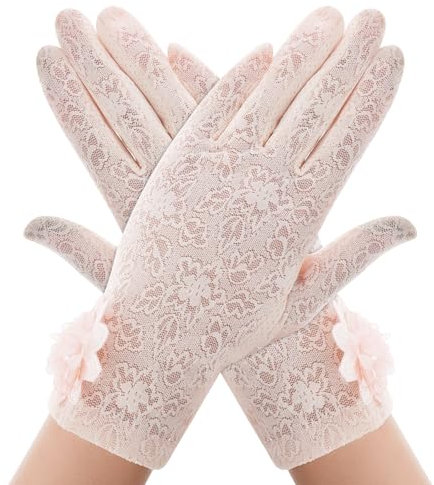 Lusofie Spitzenhandschuhe Rosa für Damen Elegante Kurze Handschuhe Spitze Dehnbare Handgelenklange mit Touchscreen für Halloween Braut Opernball Sommer Sonnenschutz UV Fahrhandschuhe