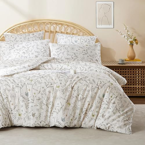 Sedefen Bettwäsche 135x200 Baumwolle Weiß Blätter Schmetterling,Renforce Wendebettwäsche Set Blätter Blumen ÖkoTex Bettwäsche mit Reißverschluss und 1 Kissenbezug 80x80 cm