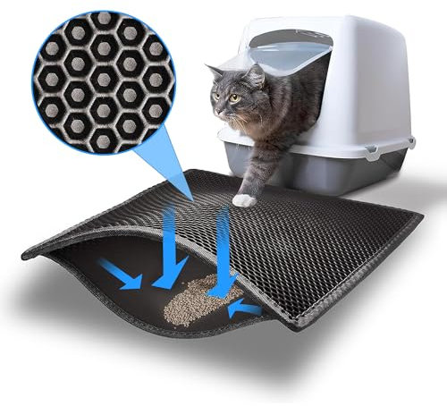 JAADU Katzenklo Matte 60x45 cm mit Klettverschluss und Großes Loch Design,wasserdichte Doppelte Matte Katzenklo,Non-Slip Entwurf Katzenmatte Katzenklo (Schwarz)