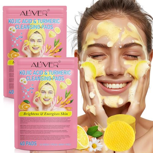 2 Pack Kojic Acid Cleansing Pads,Kojic Acid and Turmeric Cleansing Pads for face,Turmeric Kojic Acid Lemon Chamomile Pads with Natural Ingredients,All Skin Types(40 Pads)