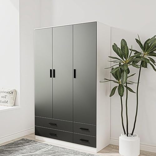 URBNLIVING Modern 3 Door 4 Drawer Wardrobe with Hanging Rail, Bedroom Furniture, Storage Shelf Clothes Organiser Stylish Design, Ample Storage Solution (White & Black)