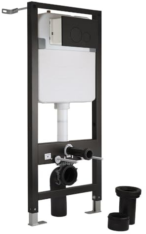 MILANO Wall Hung Toilet WC Frame Round Black Flush Plate 1140 x 500mm | Steel Construction. Height & Depth Adjustable. Dual Flush Cistern. Suits Built In Or Plasterboard Installation.