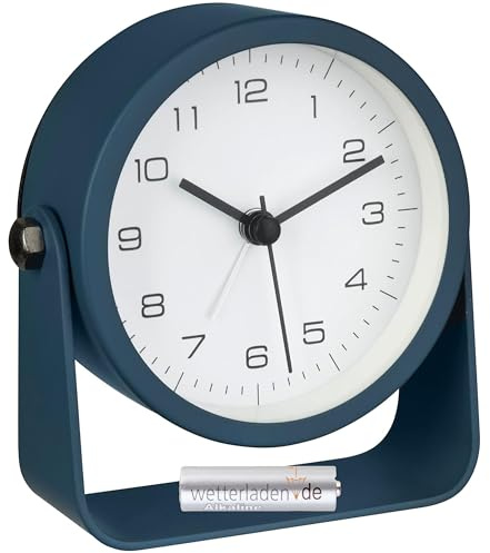 TFA Dostmann Wecker Analog Design, 60.1042.06, ohne Ticken, mit Hintergrundbeleuchtung, Nachttisch-Wecker mit Licht, aus Metall/Glas, Tischuhr, modernes Design (blau mit Batterie)