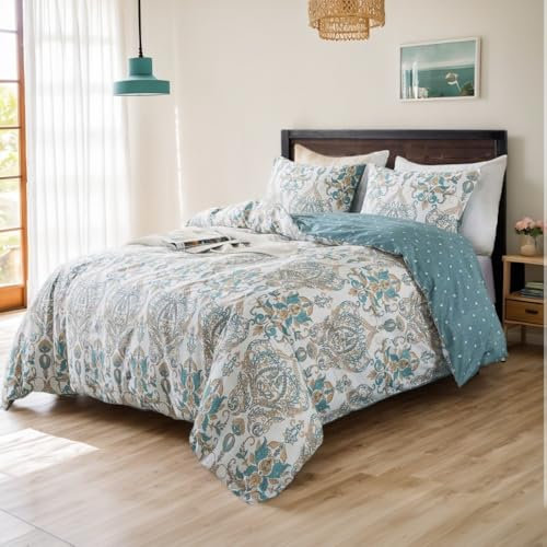Nayoroom Bettwäsche 200x220 Baumwolle Boho Style Blau Gold Blumen Paisley Muster Vintage Bettbezug Set 3teilig Mandala Bohemian Pflanzenmuster Wendebettwäsche und 2 Kissenbezüge 80x80 Reißverschluss