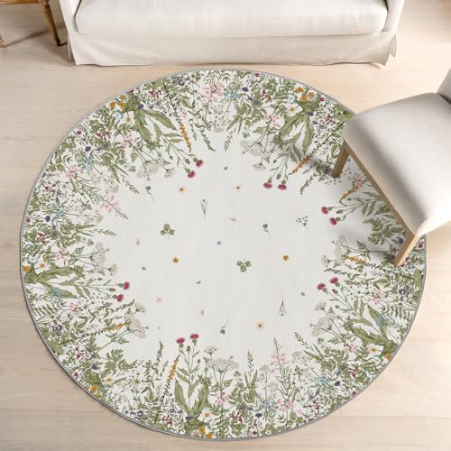 Artoid Mode Antike Kräuter Wilde Blumen Frühling Teppich, Rund 120 cm Relax Kuscheliger Anti-Rutsch Unterseite Küche Party Wohnzimmer Dekoration