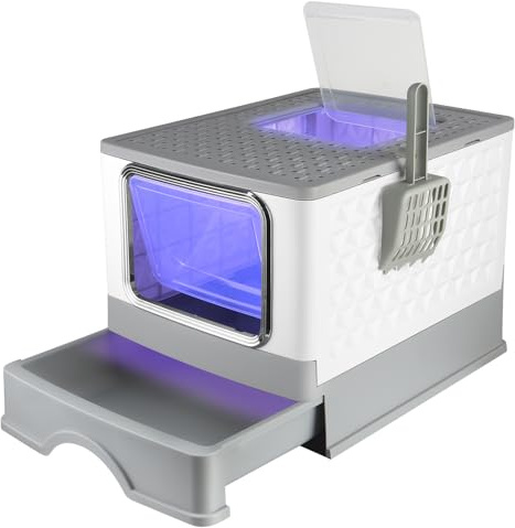 Katzentoilette mit UV-Licht, extra geräumig, Katzentoilettenschaufel + Lufterfrischer-Set (Durchmesser 52 x 39 x 39 cm, grau)