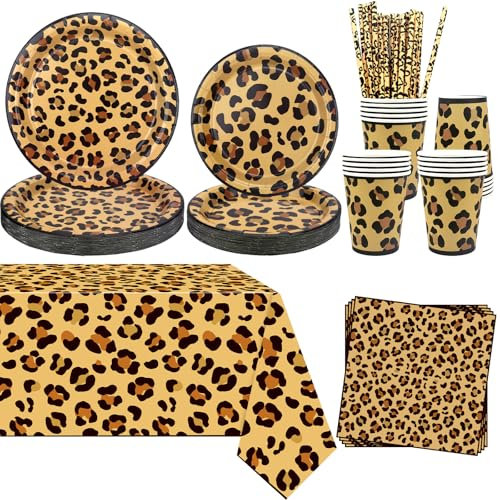 Guepardo Decoración de Fiesta de Cumpleaños Estampado Leopardo Suministros Incluido Platos Mantel Servilletas Vajilla para Selva Safari Print Baby Shower Serves 20