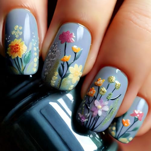 24PCS Short Square Press On Nails – 3D Light Flower French Design False Nails, Cute Spring Floral Full Cover Stick On Nails with Jelly Glue