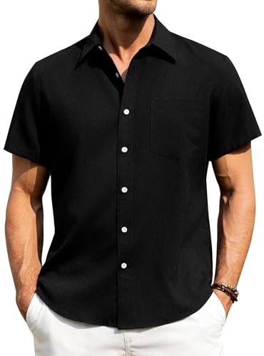 J.VER Mens Shirt Linen Short Sleeve Summer Fashion Beach Holiday Regular Fit Casual Button Down Shirt Black L