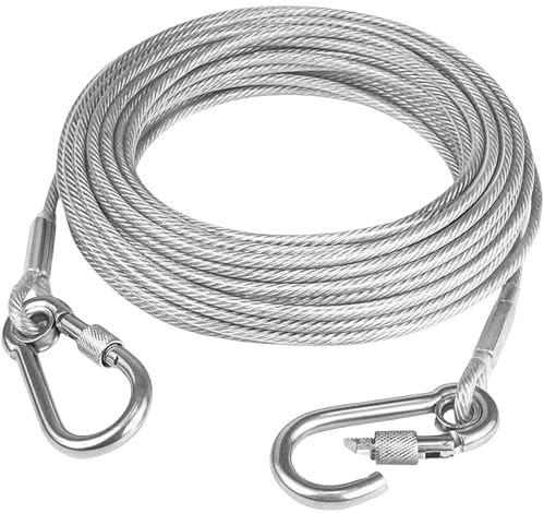 VEGOATY Tie-Out Leinen für Hund: 9M Stahldrahtschleppleine, Hundeleine für Hof, Garten, Camping und Outdoor, Reflektierendes Design, Sicherheitsfixierung, Silbrig, bis zu 250 Pfund