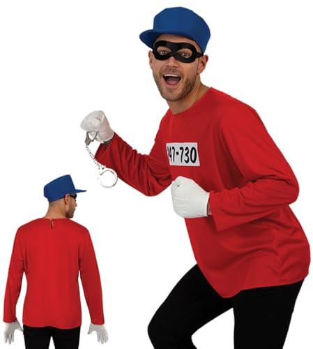 •KarnevalsTeufel Buntes Comic Kostüm Herren – Lustige Verkleidung in Rot & Blau, Langarmshirt, Mütze & Maske – Kreatives Männerkostüm