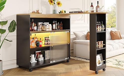 Massbinet Ausziehbarer Bartisch mit Stauraum Moderner Beweglicher Bar Bartisch mit LED Stehtisch Bistrotisch Hochtisch Kücheninsel Bistro Table Großer Stauraum Schwaz(138-204×39×105cm)