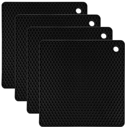 LUMITERRA 4er Set Topfuntersetzer Silikon, Pfannenschoner, Pfannenschutz, 18.1cm Hitzebeständig Topflappen, rutschfest, Untersetzer, für Töpfe und Pfannen, Schüsseln, Küchenutensilien (Schwarz)