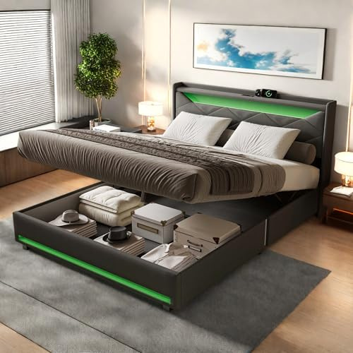 Bett 140x200, Polsterbett Doppelbett mit LED-Kopfteil and USB-C, Bett mit Stauraum, Hydraulisch Stauraumbett Boxspringbett mit Bettkasten, Bettgestell mit Lattenrost, Leinen, Ohne Matratze, Grau