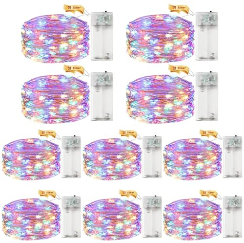 ALEGRE 10 Stk Led Lichterkette Batterie mit Timer,3M 30 LED Micro Kupferdraht LED Lichterkette mit Timer, Bunt Lichterketten Innen Batteriebetrieben für Weihnachten, Halloween, Silvester,Hochzeit Deko