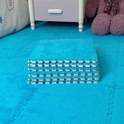 ZRQSMCX Splice ineinandergreifender Teppich, 18 weiche Schaumstoff-Bodenmatten, quadratische ineinandergreifende Schaumstoff-Puzzlematten, Flauschige Teppichfliesen, Schaumstoff-,Lake Blue-60x60cm