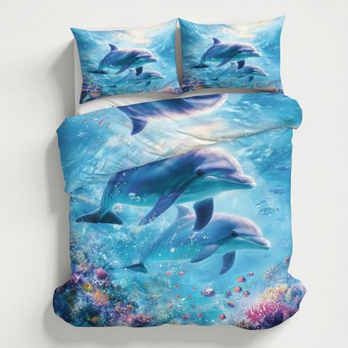 Generisch Delfin Bettwäsche 135x200 2teilig, Koralle Meereslebewesen Meer Bettwäsche-Sets mit Reißverschluss, Microfaser Weiche Bettbezug mit Kissenbezüge 80×80 GS*22