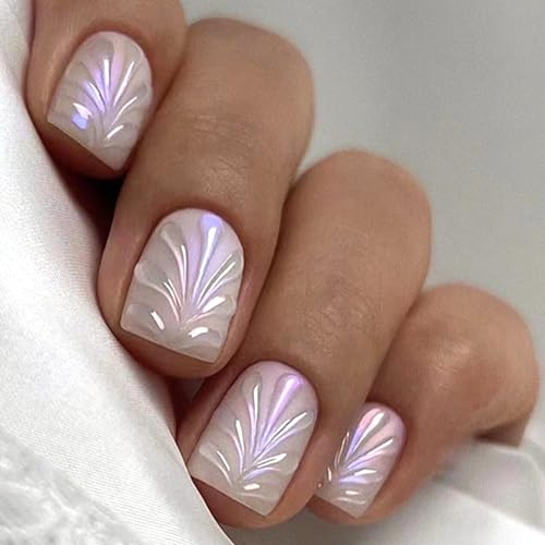 Viugex 24 Pièces French Faux Ongles, Court Carrés Blanc Sirène 3D Fake Nails, Acrylique Glossy Press on Nails avec Autocollants Adhésif, Naturel Artificiels Ongles à Coller pour Femmes et Filles