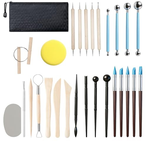 Polymer Clay Tools Set, 28 Pcs Clay Sculpting Tools,Sculpting, Modelling & Pottery Tools Kit with Ball Stylus, Dotting Tools, Ceramic Carving Tools, Ergonomic Handles for Air Dry Clay, DIY Crafts