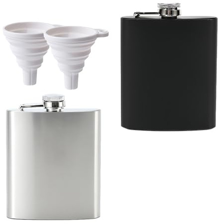 FEIHS 2 Piezas Petaca de licor de cadera,para fiestas-8 oz | Acero inoxidable, 13,7 x 9 x 2,1 cm,incluye embudo, tapa roscada con bisagra,ligero y fácil de transportar, negro y plateado