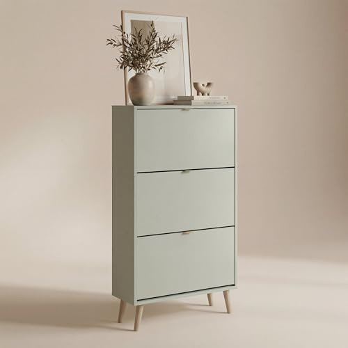 Newroom Schuhschrank Pastellgrün schmal Schuhkipper 3 Klappen für Flur | je Klappe 2 Ablageebenen, 70x125x24 cm, Schuhregal platzsparend, Füße Eiche-Optik, Diele und Eingangsbereich, zum Einzug