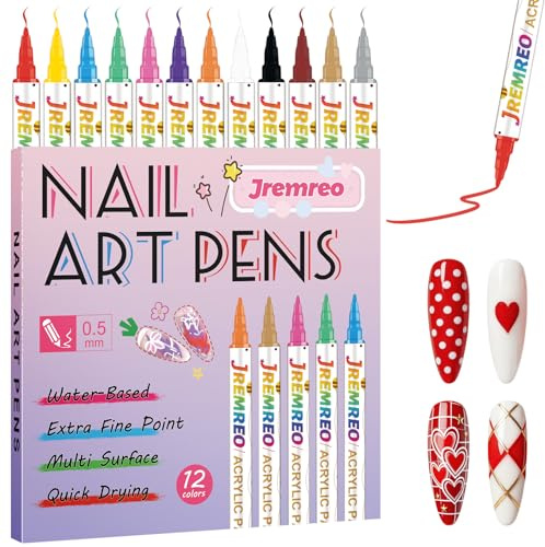 12 Colors Colorful Nail Art Pen Set, 0.5mm Single Tip Acrylic Paint Markers, Fine Line for DIY Drawing and Dotting Tool, Professional Custom Nail Art Supplies Decorations for Home and Salon Use